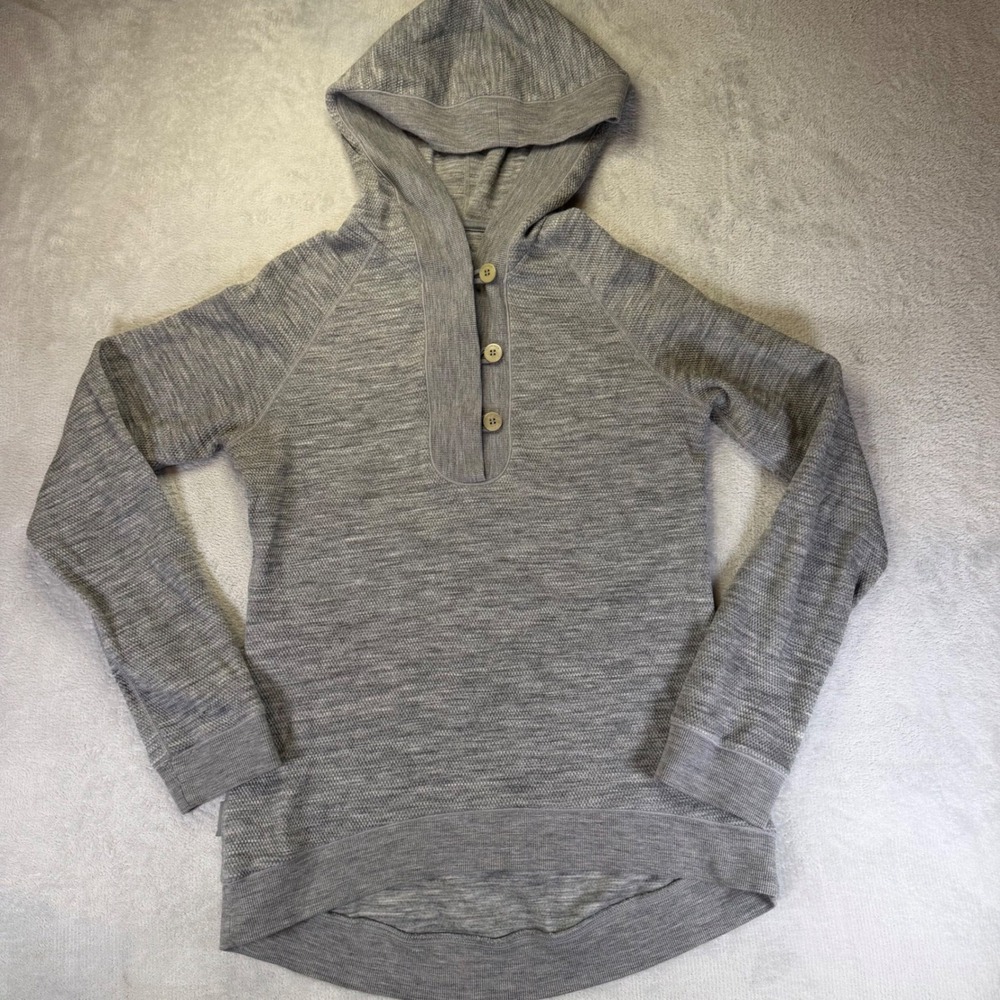 Icebreaker Merino Wool Henley Hoodie Grey Textured Knit Raglan Pullover‎ Medium